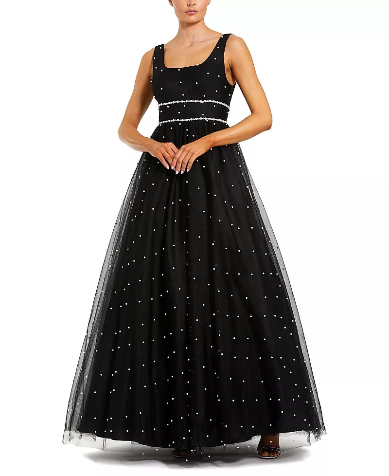 Mac Duggal Pearl Embellished Tulle Sleeveless Ball Gown
