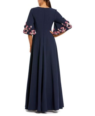  Satin Elbow Sleeve Gown With Flower Trim