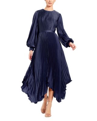 long sleeve handkerchief dress Long Sleeve Pleated Handkerchief Dress In Blue
