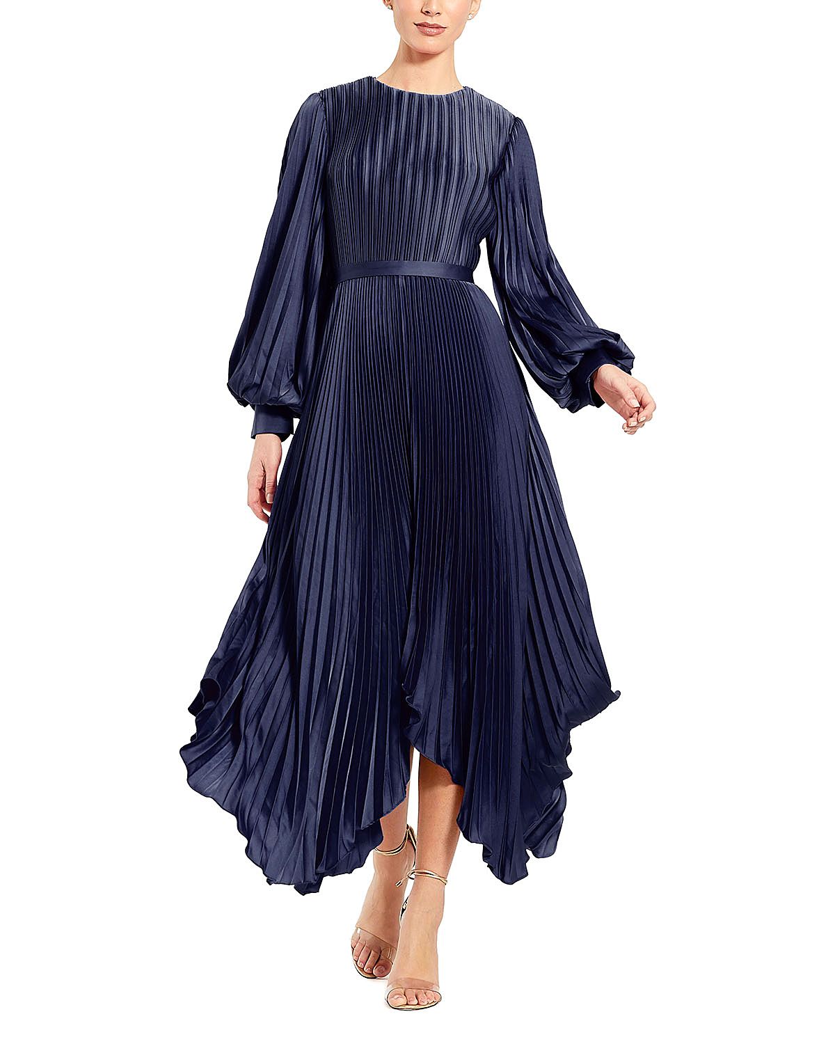 Mac Duggal Long Sleeve Pleated Handkerchief Dress