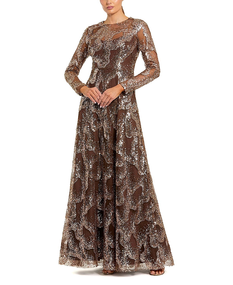 Mac Duggal Embellished Mesh Long Sleeve High Neck Gown In Brown