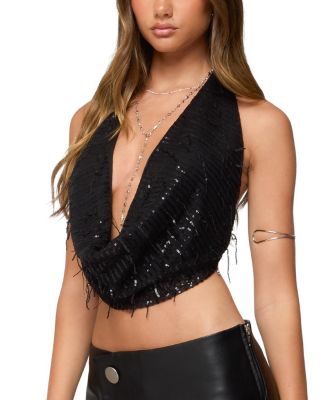 Fringed Sequin Backless Halter&nbsp;Top