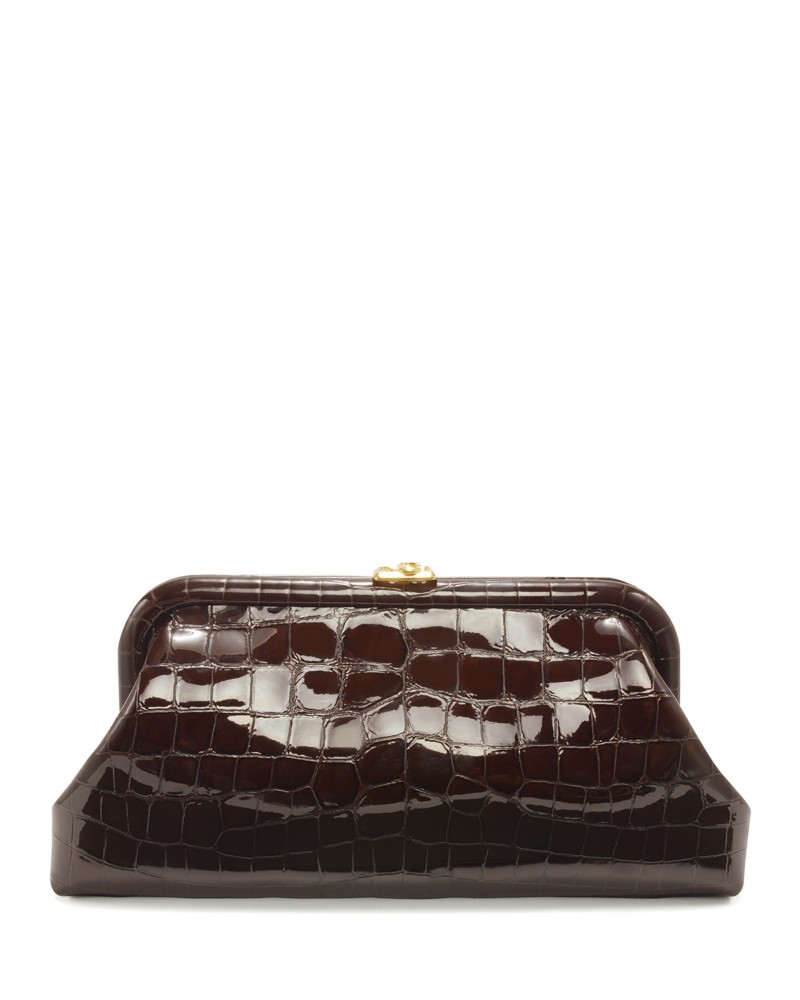 Jimmy Choo Skylar Croc Embossed Patent Leather Clutch in Sambuco