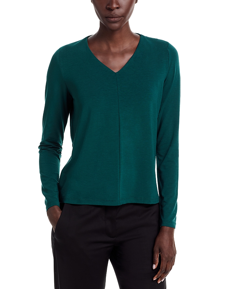 Eileen Fisher Fine Stretch Jersey Knit V Neck Top In Green
