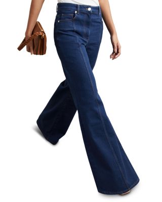 June Petite Mid Rise Flare Pin Stitch Jeans in Blue