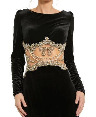  Long Sleeve Sheer Embellished Velvet Gown