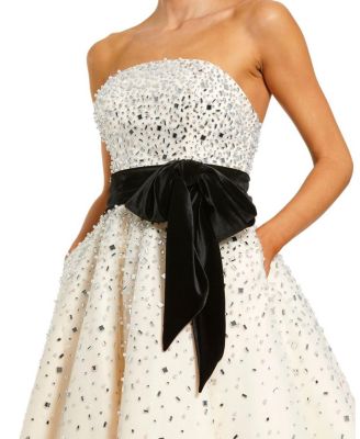  Strapless Embellished Tulle A-Line Midi Dress with Bow