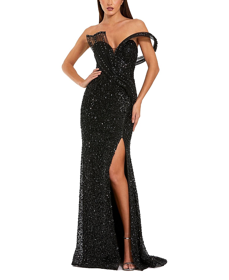 Mac Duggal Embellished Strapless High Slit Drape Gown In Black
