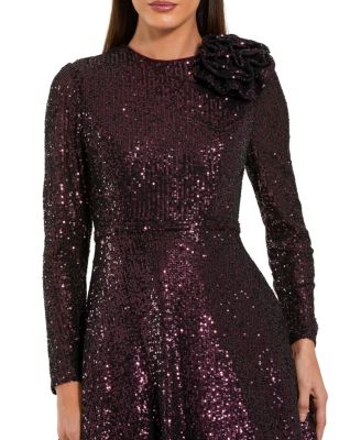  Long Sleeve Sequin Ballgown With 3D Flower