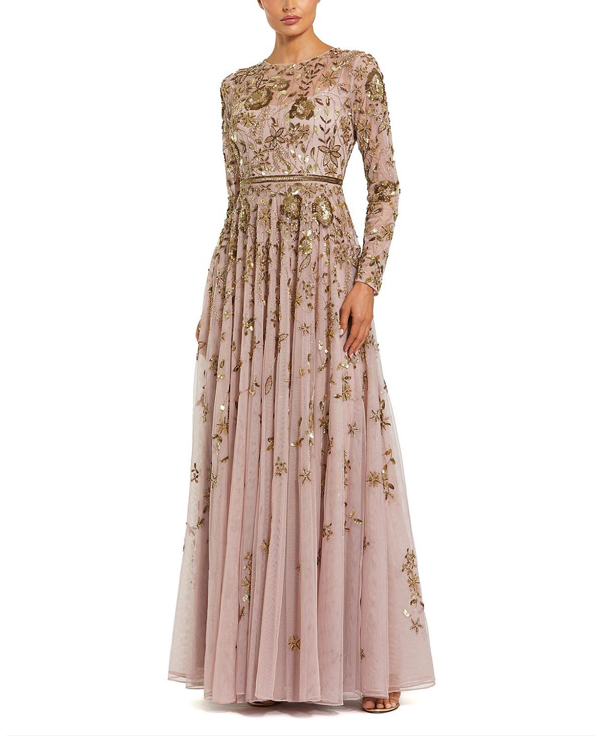 Mac Duggal Long Sleeve Hand Embellished Floral A-line Gown