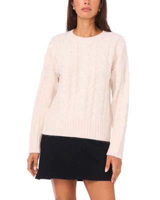 Sequin Cable Knit Long Sleeve Crewneck Sweater