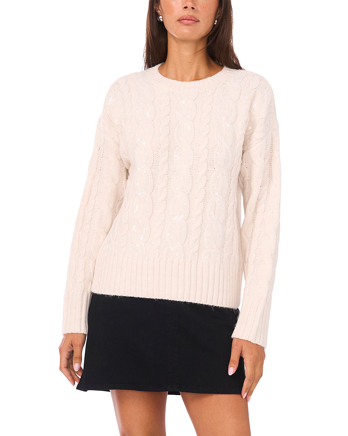 Vince Camuto Sequin Cable Knit Long Sleeve Crewneck Sweater