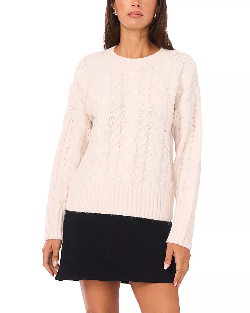 Vince Camuto Sequin Cable Knit Long Sleeve Crewneck Sweater