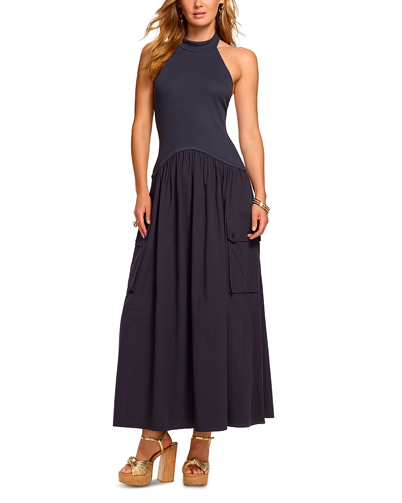 Ramy Brook Simonne Mixed Media Halter Dress In Blue