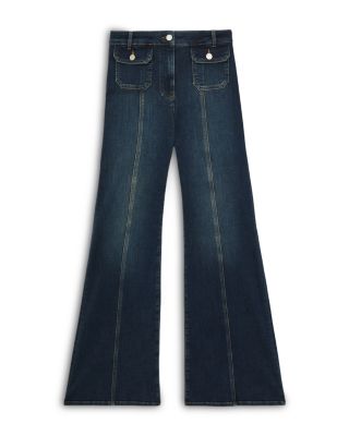 Petite Glora Mid Rise Button Detail Flare Jeans in Mid Blue