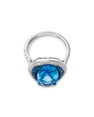 Swiss Blue Topaz, Blue Sapphire & Diamond Halo Ring in 14K White Gold
