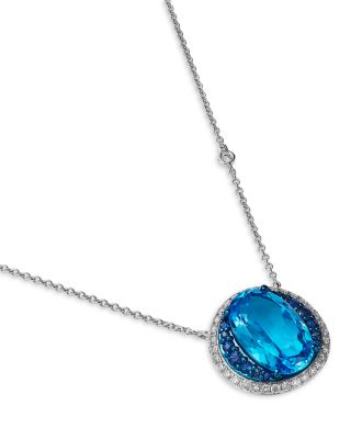 Swiss Blue Topaz, Blue Sapphire & Diamond Halo Pendant Necklace in 14K White Gold, 18"