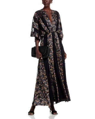 Printed Kimono Sleeve Lace Detail Maxi Dress
