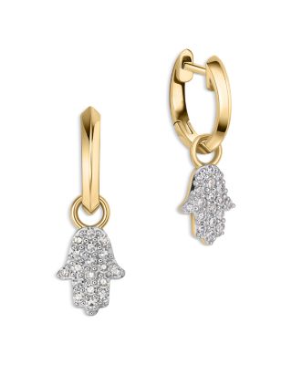 14K Yellow Gold Diamond Mini Infinity Hamsa Huggie Hoop Earrings, 0.21 tcw