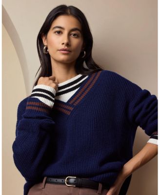  Deep V-neck Varsity Pullover Sweater