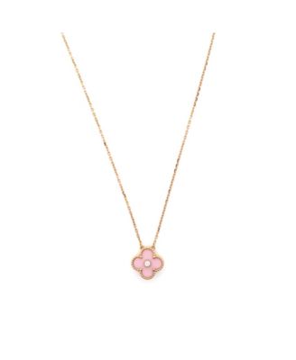  Vintage Alhambra Pendant Necklace 18K Rose Gold and Pink Sevres Porcelain with Diamond, 14.5 - 16.25"