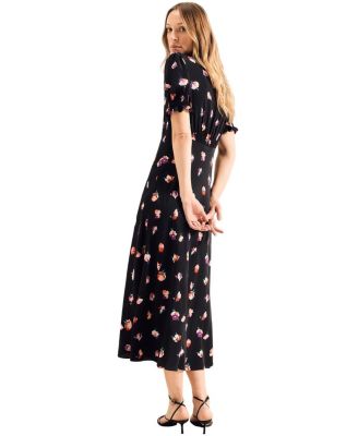  Pansy Print Shirred Cuff Midi Dress