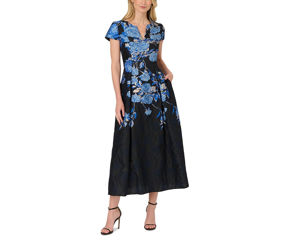 Adrianna Papell Split Neck Jacquard Dress
