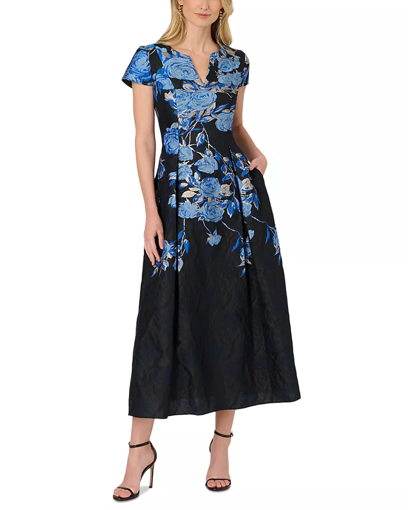 Adrianna Papell Split Neck Jacquard Dress