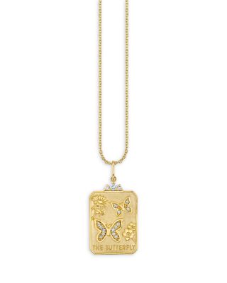 14K Yellow Gold Diamond Butterfly Tarot Card Pendant Necklace, 16"