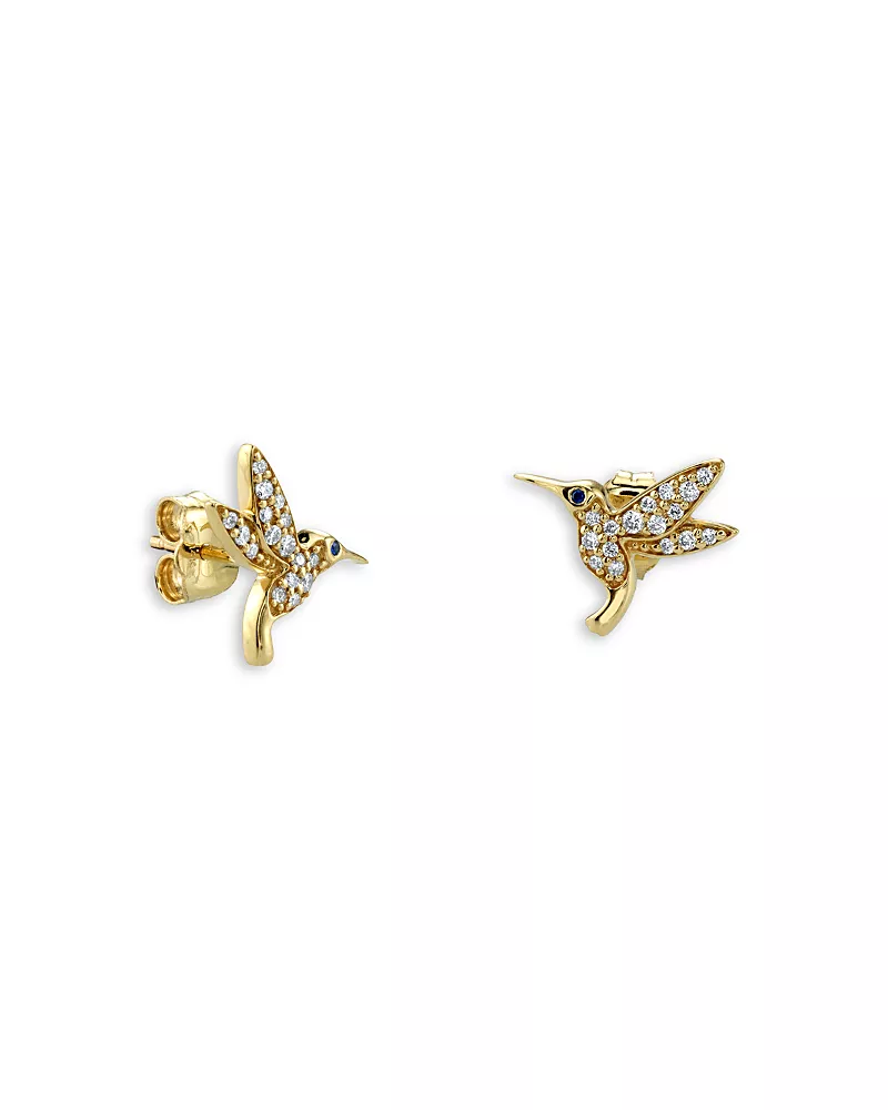 Sydney Evan 14K Yellow Gold Diamond & Sapphire Hummingbird Stud Earrings