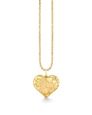 14K Yellow Gold Diamond Wallpaper Heart Locket Necklace, 16"