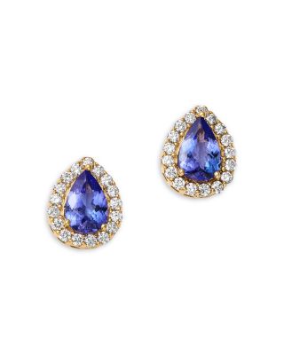 Tanzanite & Diamond Halo Pear Stud Earrings in 14K Yellow Gold