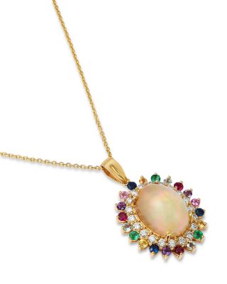 Opal, Multi Gemstone & Diamond Halo Pendant Necklace in 14K Yellow Gold, 16"