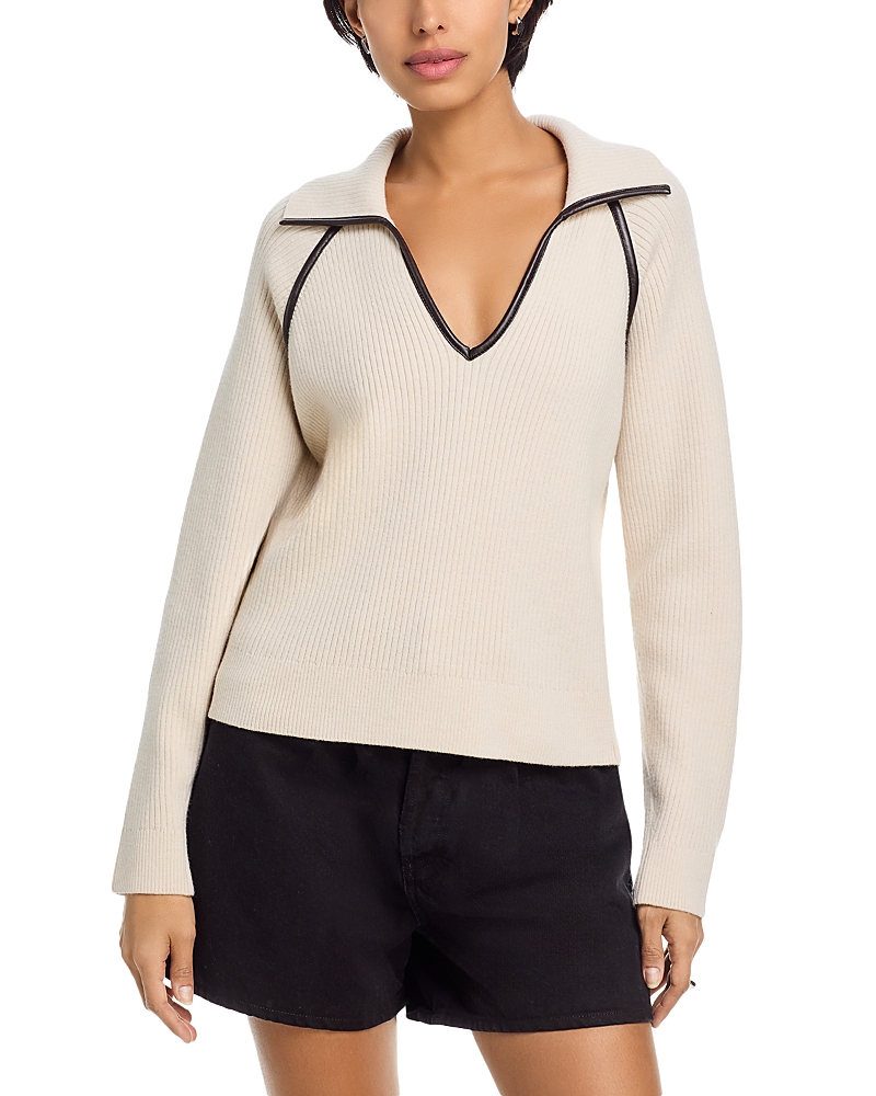 Rag & Bone Caterina Faux Leather Trim Polo Sweater In Neutral