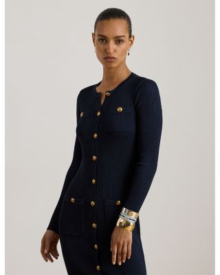 Button Trim Rib Knit Sweater Dress