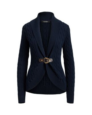 Buckle Trim Cable Shawl Collar Cardigan