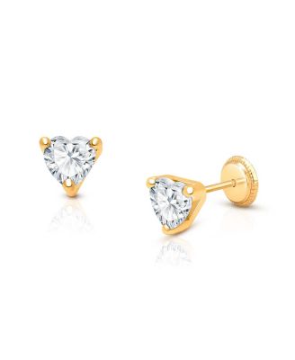 Children's 14K Gold Clear Dazzling Heart Studs Girls' Screw Back Earrings
