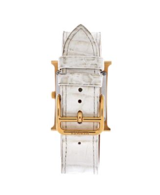 Heure H Quartz Watch in Plated Metal and Alligator with Diamond Markers and Mother of Pearl 30mm
