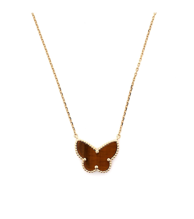 PRE-OWNED VAN CLEEF & ARPELS Pre-owned Van Cleef & Arpels Lucky Alhambra Butterfly Pendant Necklace 18k Gold And Tiger Eye, 14.5