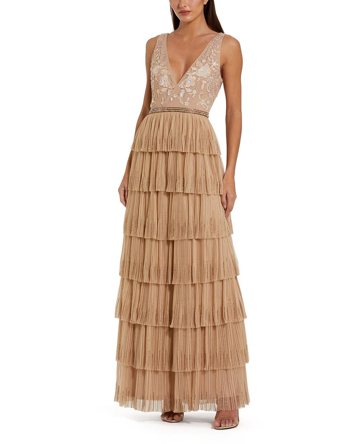 Mac Duggal Beaded Mesh V Neck Gown with Tiered Ruffles
