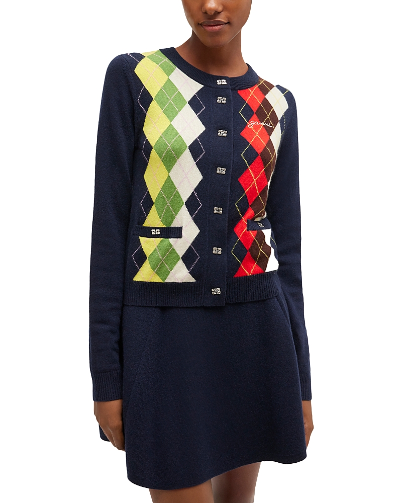 GANNI WOOL & CASHMERE ARGYLE CARDIGAN