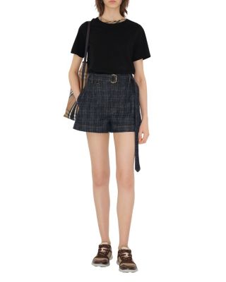 Belted Check Denim Shorts