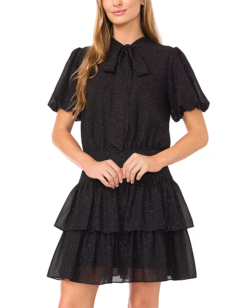 CeCe Puff Sleeve Tie Neck Dress