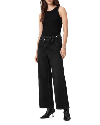 Aki Mid Rise Wide Leg Crossover Jeans in Washed Black