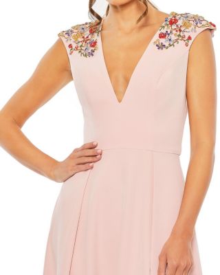  Women's Beaded Cap Sleeve V Neck A Line Gown