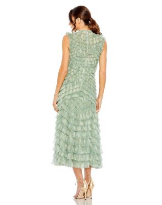Floral Ruffle Tiered Mesh Mock Neck Sleeveless Dress