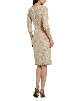 3/4 Sleeve Beaded Trim Patch Pocket Midi Dress