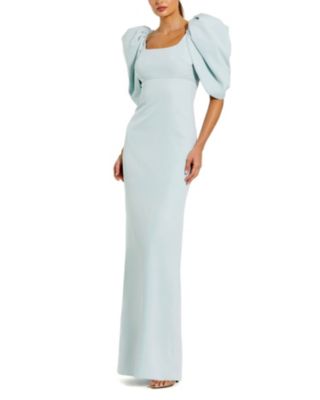 Mac Duggal - Fitted Crepe Scoop Neck Gown With Puff Sleeves