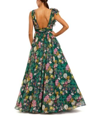 Sleeveless V-Neck Printed Chiffon Ruffle Ballgown