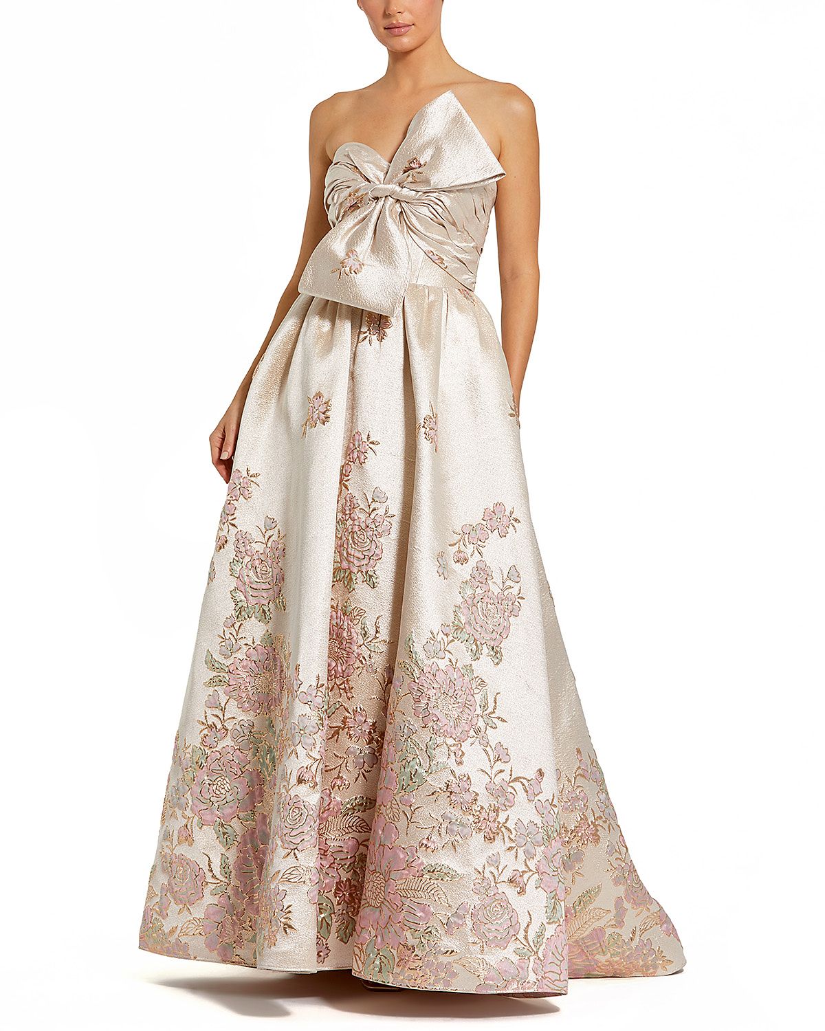 Mac Duggal Brocade Strapless Floral Gown with Bow Detail